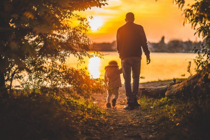 father, father and daughter, walking, sunset